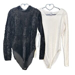 Vtg Betty Blue Bodysuits Lot of 2 Black Crush Velour Mock Neck White Burnout Med